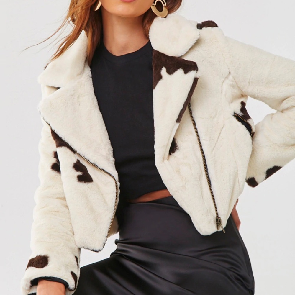 Forever 21 Plush Cow Print Moto Jacket Ivory/Brown